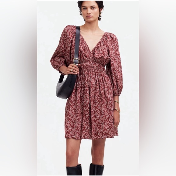 Madewell Dresses & Skirts - Madewell Red Paisley Floral Puff Sleeve Dress sz S NWT!